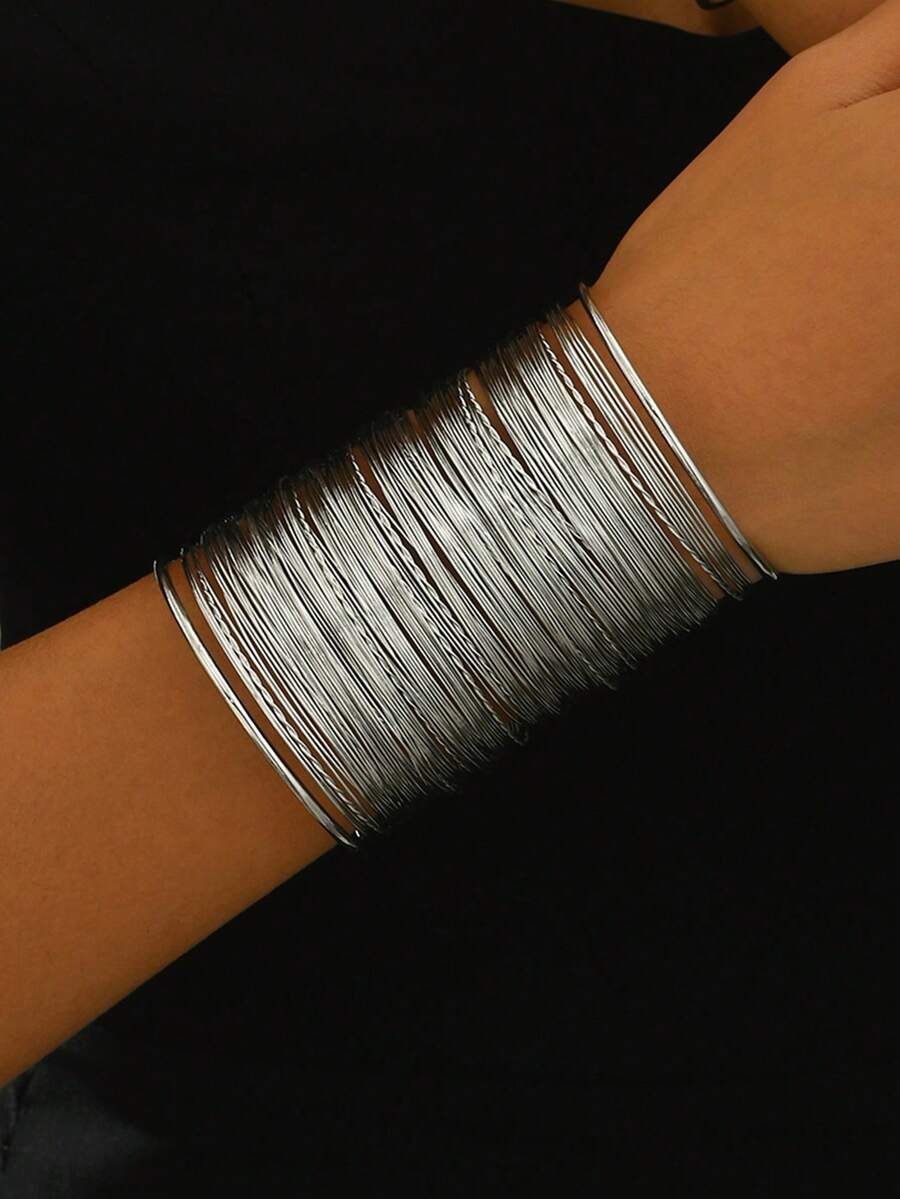 1 件女士夸张多层金属时尚手镯，时尚百搭，适合派对佩戴 - 銀色846 - 查看 1