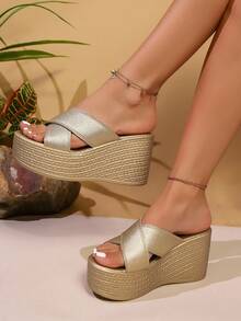 Women's Minimalist Wedge Sandals, Leather Criss-Cross Upper, Open Toe, Thick Sole, Fashion Slip-On Heeled Sandal, Spring/Summer - Gold - View 4