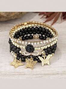 Bộ 4 vòng tay co giãn mặt dây chuyền hình bướm đính đá pha lê phong cách Bohemian, vòng tay đính hạt vàng có thể xếp chồng lên nhau dành cho nữ/bé gái, trang sức quyến rũ nhiều màu sắc, phong cách Boho mùa hè bãi biển. - Nhiều màu - Xem 15