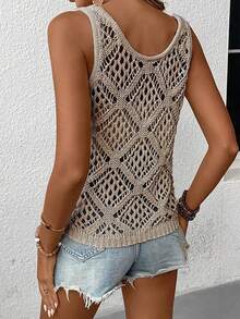 纯色镂空圆领上衣百搭无袖宽松针织上衣适合春夏季女装