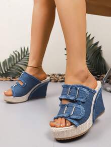 Zapatillas de cuña de talla grande de mezclilla para mujeres, zapatos de playa, talla 43 - Neblina azul - Ver 4