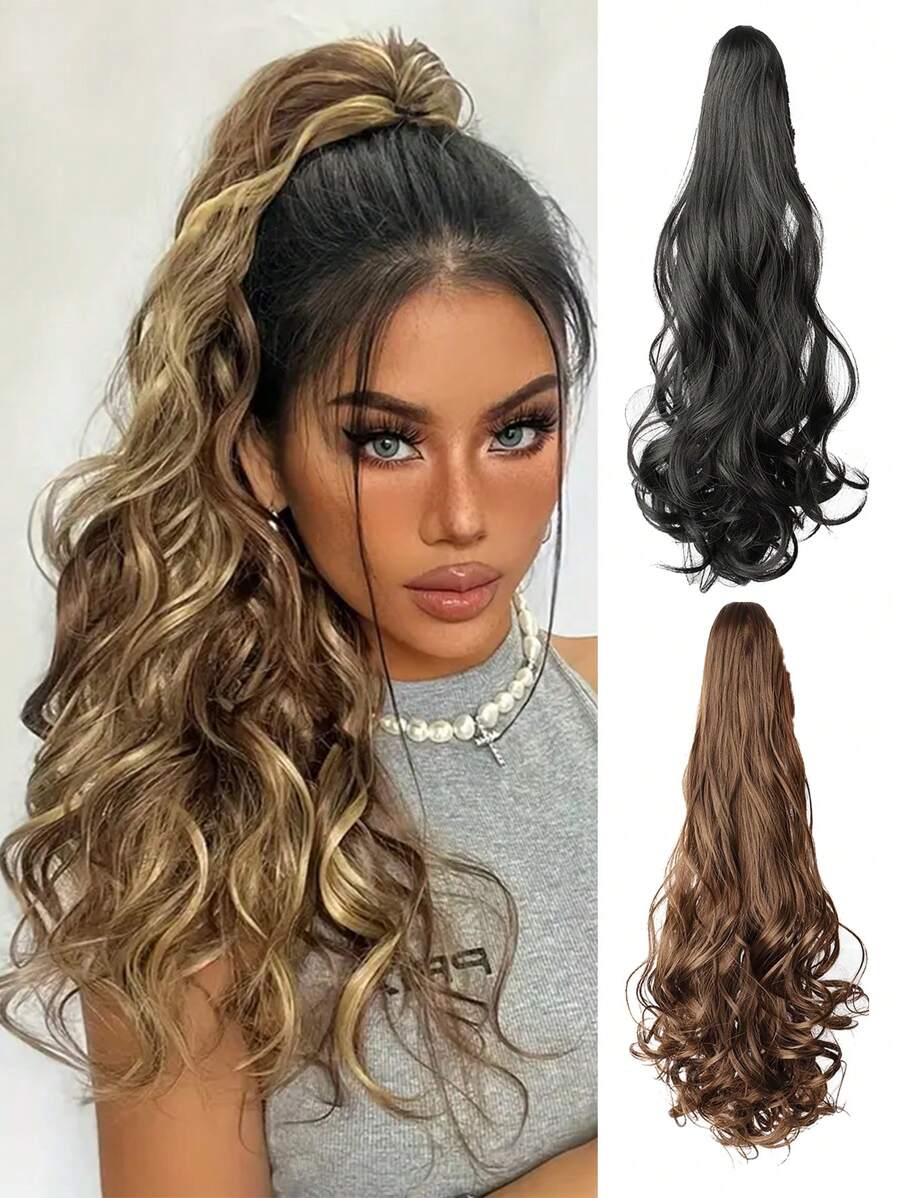 1pc Long Curly Hair Ponytail Clip-On, Big Wave High Ponytail, Natural Hair Ponytail Extension