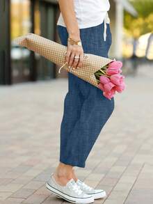 Pantalones largos casuales y versátiles con cordón en la cintura y bolsillos, para primavera - azul real - Ver 3