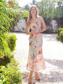 Vestido de seda de tirantes con estampado floral retro para mujer - Beis - Ver 4