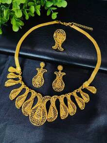 3pcs/Set Fashionable Women Gold-Plated Floral Pendant Necklace, Earrings, Ring Jewelry Set, Suitable For Saudi Arabia, European And American Brides, Weddings, Dates, Dresses, New Year, Valentine's Day, Mother's Day - Yellow Gold - View 2