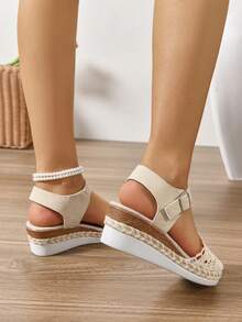 女士夏季新款厚底坡跟凉鞋，轻便舒适休闲鞋，镂空踝带，高跟 - 米色 - 查看 6