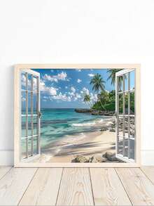 1 Pc Beach Wall Arts, Window Frame Style Sea Canvas Wall Decor Ocean Lavender Pictures, Blue Sea And Boat Sailing Ocean Island Canvas, Nature Seascape Posters For Living Room Office Bedroom Home, Optional Framed