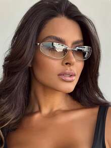 1pc Frameless Oval Fashion Glasses Y2K Personalized Versatile Women's Fashion Glasses Suitable For Daily Wear, Street Photography, Vacation Travel, Summer Beach Accessories - 銀色 - 查看 1