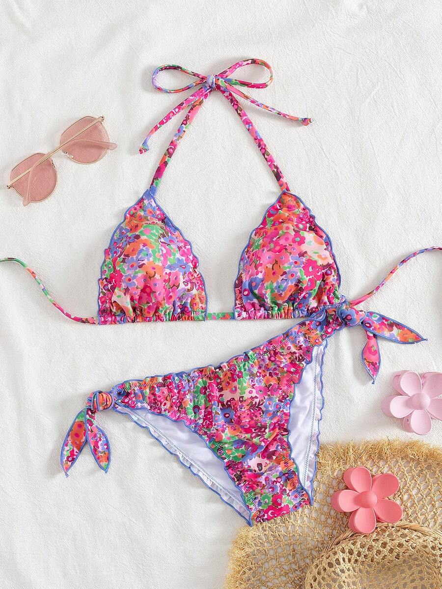 女士可爱花卉蕾丝褶皱比基尼两件套，适合夏季海岛度假游泳 - 彩色 - 查看 1