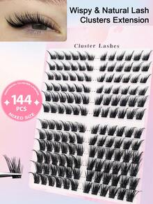 144片C型卷翘浓密狐狸眼睫毛簇，DIY睫毛嫁接，浓密猫眼睫毛簇，纤细睫毛簇，12-16mm簇状睫毛嫁接，睫毛簇，单根睫毛，假睫毛 - 黑色 - 查看 1