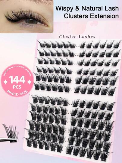144片C型卷翘浓密狐狸眼睫毛簇，DIY睫毛嫁接，浓密猫眼睫毛簇，纤细睫毛簇，12-16mm簇状睫毛嫁接，睫毛簇，单根睫毛，假睫毛
