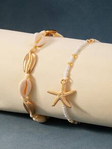 1 Set Of 2 Pcs Summer Starfish & Shell Woven Anklets, Fashionable European & American Ocean Beach Style - one-size - View 2