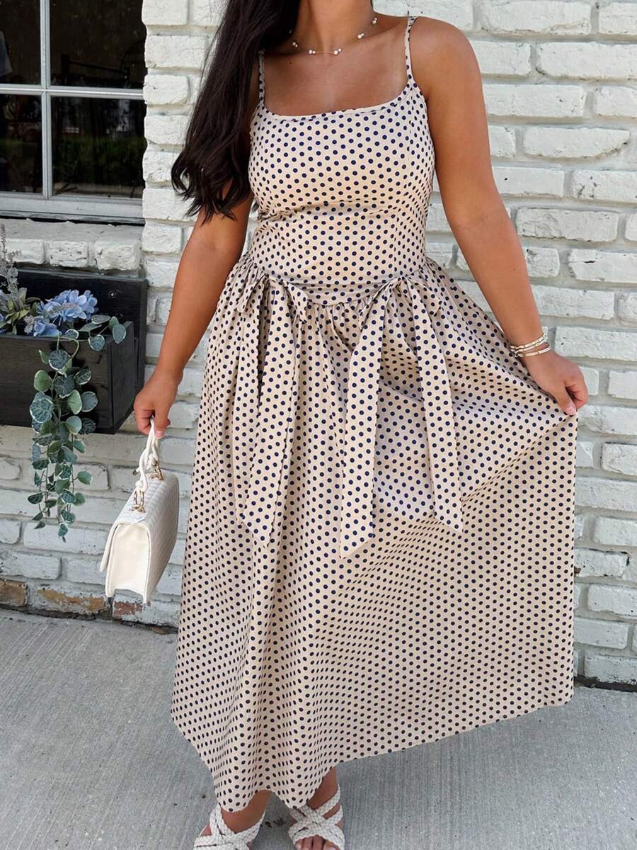 Womens Bow Long Dress Summer Sleeveless Spaghetti Strap Stripes/Dots Print Dress Flowy Dress