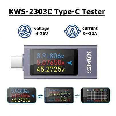 POROMETISTO KWS-2303C bidirektionaler Ladegerät-Tester, 3 drehbare Bildschirme, Echtzeit-Überwachung von Spannung/Leistung/Kapazität, PD/QC-Protokoll kompatibel, tragbares Typ-C Universalwerkzeug