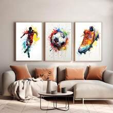 3pcs Colourful Football Wall Art Picture Soccer Canvas Prints Paintings Football Posters Sport Decorative Canvas Painting House Room Wall Decor Optional Frame ,Wall Art With Frame