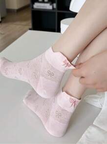 5 Pairs Bowknot Korean Ins-Style Breathable Mesh Socks, Thin Solid Color, Spring/Summer