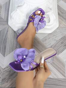 Giày cao gót mũi vuông thời trang mới đa năng trong suốt thoải mái màu tím hoa hướng dương tiệc tối giản phong cách Bohemian - Màu tím - Xem 1