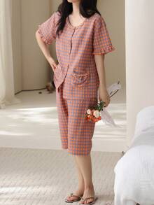 2pcs/Set Women's Pajamas Loungewear, Open Front Lace Patchwork Plaid Print Short Sleeve Top, 3/4 Length Pants With Ruffle Hem, Comfortable For Home Wear - Coral Orange - View 3