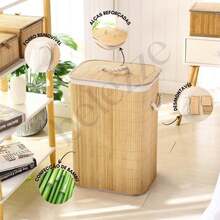 Bamboo Laundry Basket With Lid And Handles 50 Liters Large Multipurpose Laundry Organizer - 米色 - 查看 3
