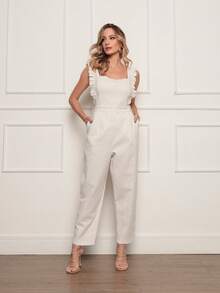 DUOUNO MODAS - WOMEN'S LINEN OVERALLS WITH RUFFLES ON THE STRAPS - ELEGANT WOMEN'S OVERALLS - White - View 1
