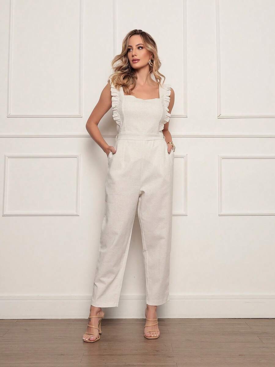 DUOUNO MODAS - WOMEN'S LINEN OVERALLS WITH RUFFLES ON THE STRAPS - ELEGANT WOMEN'S OVERALLS - White - View 1