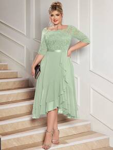 加大号船领花卉蕾丝撞色雪纺荷叶边下摆鸡尾酒会秋千连衣裙