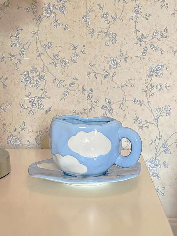 Handgemaakte keramische koffiemok in de vorm van een wolk, hoogwaardig retroblauw ontwerp, unieke beker voor vrouwen die weer naar school gaan