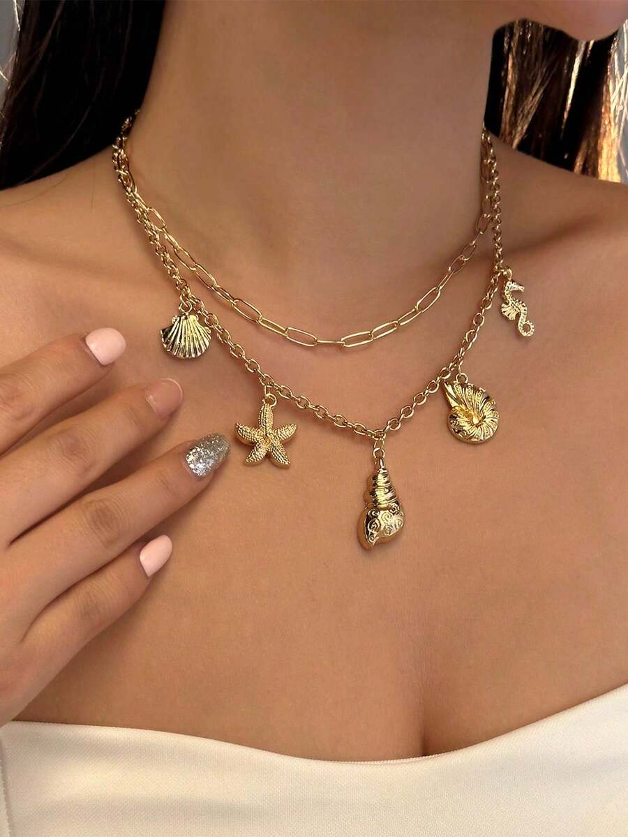 1pc Seashell, Starfish, Seahorse Pendant Necklace, Coastal Beach Style Jewelry, Suitable For Women Everyday Accessories, Vacation, Dates, Gifts