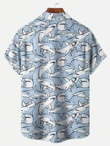 Camisa de manga corta con botones y estampado digital 3D de tiburón oceánico para hombres de talla grande - Celeste - Ver 3