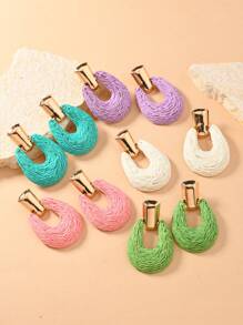 1 Pair Handmade Woven Raffia U-Shaped Bohemian Style Beige, Blue, Green, Purple Fashion Stud Earrings For Women, Suitable For Daily Wear
