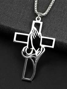 Collar de acero inoxidable 201 con cruz para niños - Colgante de manos en oración, fe cristiana, joyería religiosa, sin recubrimiento, apto para mayores de 15 años
