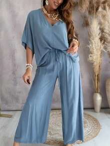 Women's Spring/Summer Clothing Solid Color V-Neck Bat Sleeve Casual Simple Loose Wide Leg Pants Set - 藍色 - 查看 1