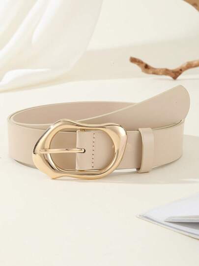 1条简约时尚不对称金色扣环女士腰带，百搭牛仔裤、休闲裤、连衣裙，3.3厘米宽PU皮革腰带