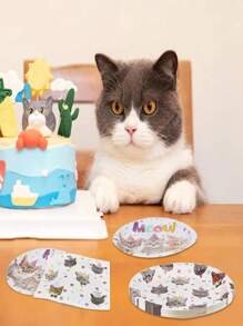 10 قطعة طقم أطباق وأكواب ومناديل حفلة عيد ميلاد القط، أطباق ذات استخدام واحد، لتزيين حفلات أعياد ميلاد ذات موضوع القط