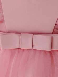 Baby Girls Solid Color Floral Mesh Satin Party Dress, Suitable For Birthday, Flower Girl, Wedding, Without Headband - Dusty Pink - View 7
