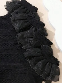 4 đôi tất cổ ngắn bằng vải cotton màu trơn phối ren lưới viền bèo nhún cho bé gái - màu đen - Xem 3