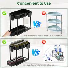 2 Tier Under Sink Storage Rack , Kitchen Cabinet Storage Rack, Double Sliding Cabinet Basket Storage Drawer, Multi-Functional Bathroom Collection Basket, Organizer, Shelf For Under Counter Kitchen Storage With 5 Hooks 2 Hanging Baskets Kitchen Decor Holiday Gift