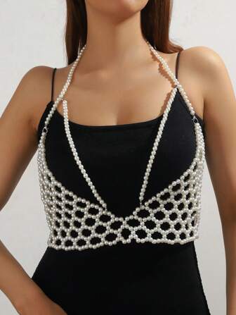 1 pieza Collar de mujer con cuentas exagerado y hueco personalizado de estilo de moda, cadena para la espalda con perlas falsas, joyería hecha a mano para la espalda para boda, fiesta, carnaval, vacaciones