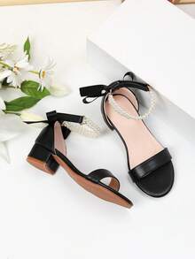 Summer High Heel Pearl Decor Sandals Girls High Heel Dance Shoes Student Performance Daily Activity Sandals - Black - View 8