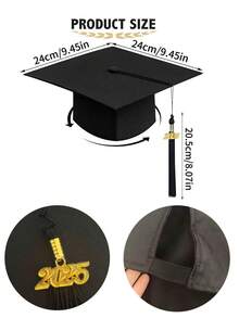 2pcs/Set Student Graduation Gown With Zipper, 1pc Black Tassel Graduation Cap, Unisex Graduation Gown & Set - Black - View 3