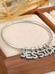 Personalized Initials Bangle Bracelet For Women Free Customized Name Bracelet With Pave Cubic Zirconia A To Z Charm Jewelry Birthday Party Wedding Gifts