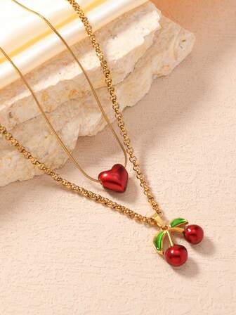 2 Collares de mujer de acero inoxidable con forma de cereza, creativos, elegantes y lindos, apropiados para combinar con atuendos diarios, fiestas y fechas especiales, ideales como regalo