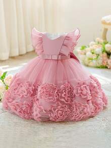 Baby Girls Solid Color Floral Mesh Satin Party Dress, Suitable For Birthday, Flower Girl, Wedding, Without Headband - Dusty Pink - View 5