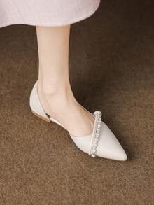 女士平底乐福鞋，新款时尚户外一脚蹬平底鞋，尖头，珍珠水钻装饰，芭蕾平底鞋，纯色女士穆勒鞋，舒适软底软皮船鞋，法式休闲乐福鞋 - 糯米白色 - 查看 3