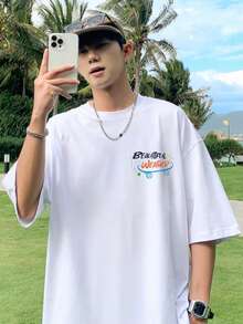 200g Cotton T-Shirt 2025 Men's New Short-Sleeved Cotton Vacation Pattern Short-Sleeved Crew Neck Matching Look - 白色 - 查看 2