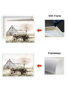 1 pieza Cartel de impresión de granero de carretera, paisaje de granja con flores para decoración de pared de sala de estar, póster listo para colgar, con opción de marco