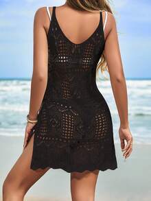 Vestido Cover Up,Top Sin Mangas De Punto Tejido A Ganchillo Con Diseño Calado, De Moda Minimalista Para Usar A Diario O De Vacaciones,Estilo De Vacaciones De Verano - Negro - Ver 3