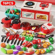 33pcs/44pcs/66pcs/76pcs Children Kitchen Playset, Suitable For Boys And Girls, Includes Cooking Utensils, Mini Stove, Rice Cooker, Fruits, Mixing, Stir-Frying, Cutting Vegetables And Musical Tableware Simulation