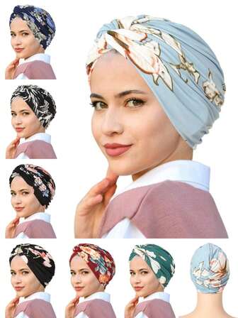 1pc New Flower Printed Twist Beanie Hat For Women, Versatile Headwear For Chemotherapy, Travel,Women Printed Turban For Dress