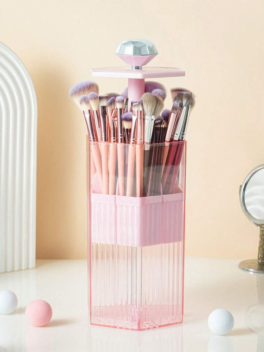 1个装 按压式自动弹出化妆刷收纳桶，带透明盖滑动开口防尘化妆刷收纳盒，适用于梳妆台、旅行、情人节、房间装饰、手提包、女士化妆包、邮轮旅行必备、设计师手提包、基础款、梳妆台必备、房间、可爱化妆包 - 彩色 - 查看 1